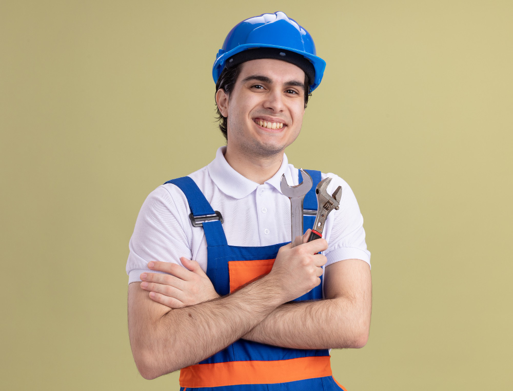 young-builder-man-construction-uniform-safety-helmet-holding-wrenches-looking-front-with-smile-face-standing-green-wall